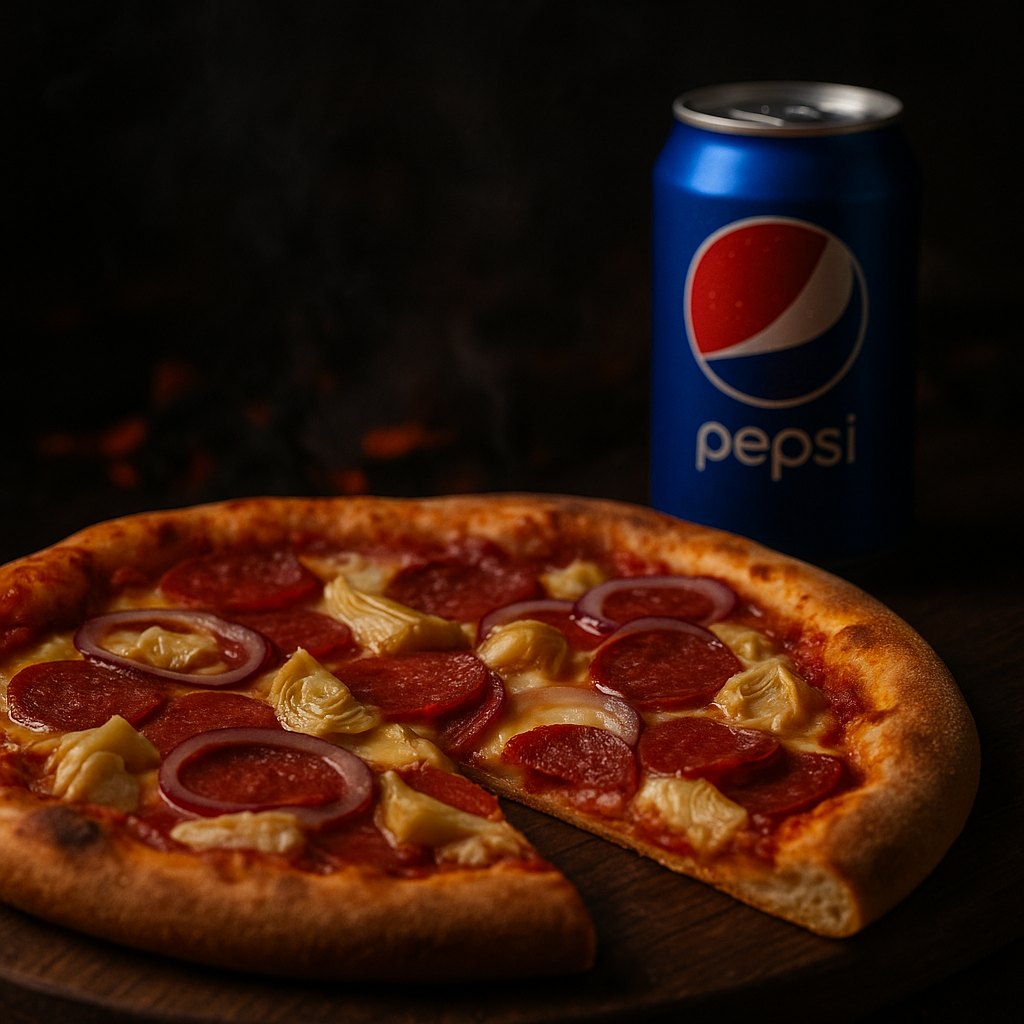 Angebote: frische Pizza (teilweise angeschnitten) mit Pepsi‑Dose im moody Ambiente