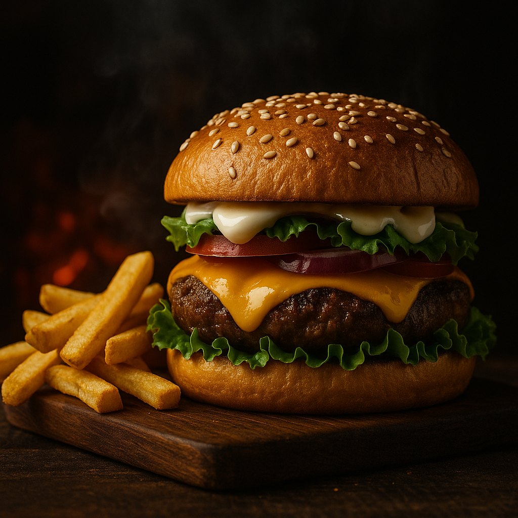 Burger mit Pommes – dunkles, rauchiges Grillambiente