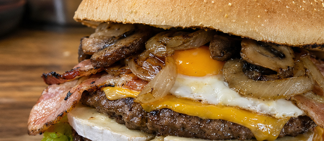 Sani Burger mit zwei Rindfleisch-Patties, Speck, Käse, Spiegelei, Champignons und Camembert