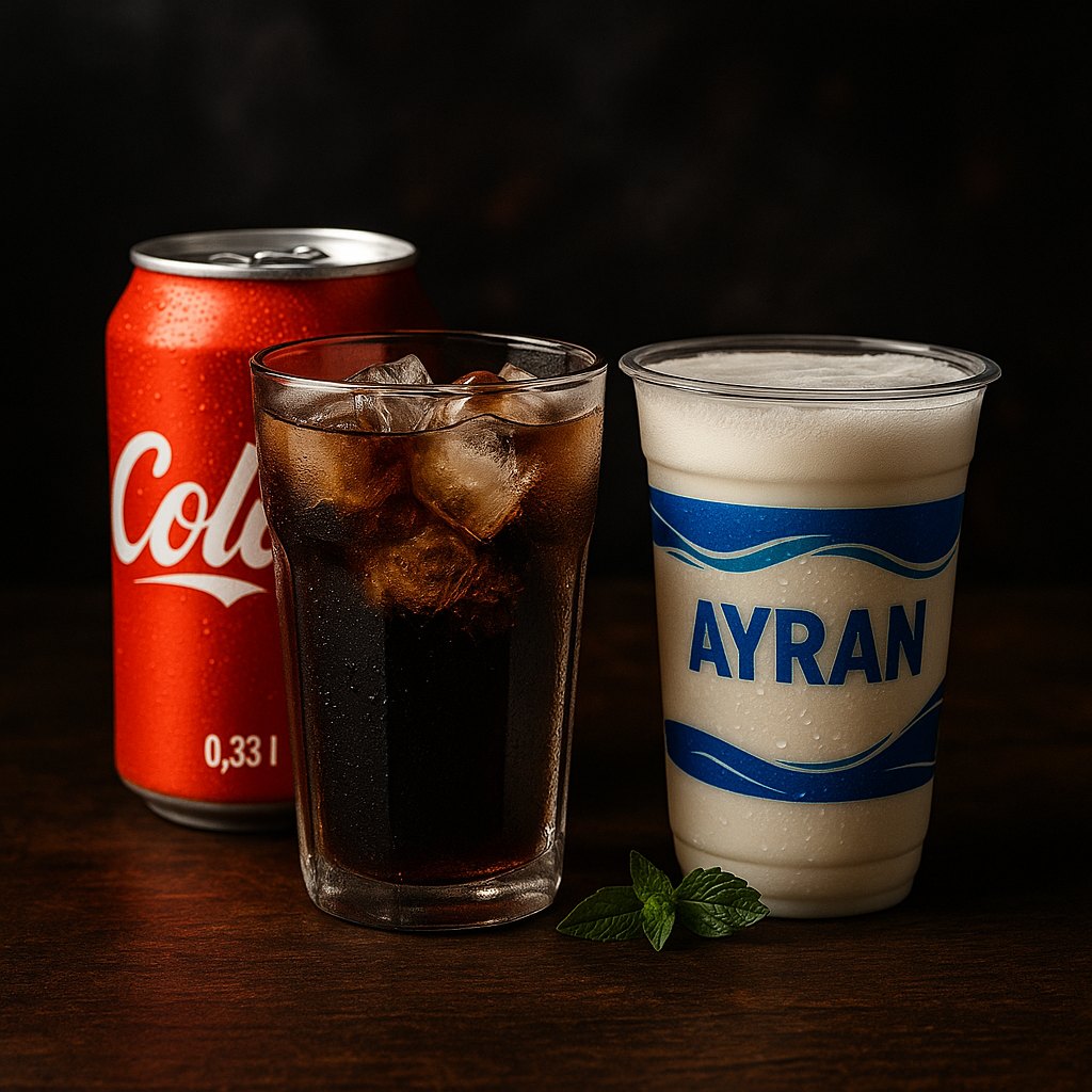 Getränke: Glas Cola (0,33 l Dose daneben) und Ayran – stimmungsvolles, dunkles Ambiente