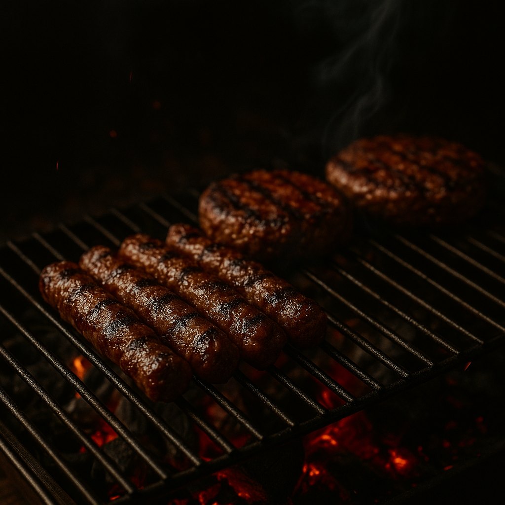 Grill: Cevapcici und Burger-Patties in rauchiger Grillatmosphäre