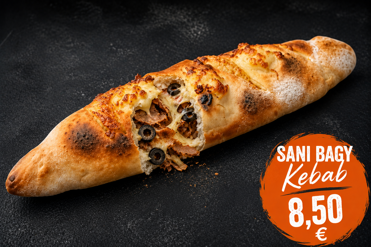 Sani Bagy Kebab mit Kebabfleisch, Käse und schwarzen Oliven