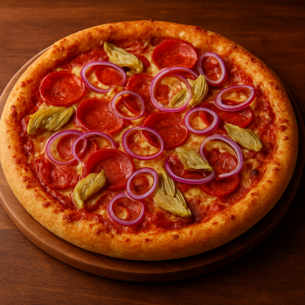 Pizza – Artischocken, Salami, Zwiebel, Knoblauchrand