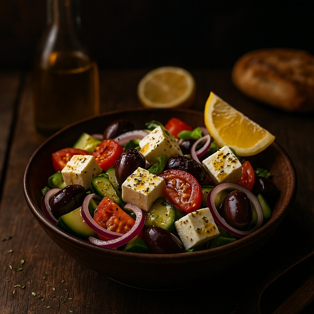 Griechischer Bauernsalat – Tomaten, Gurken, rote Zwiebeln, Oliven und Feta im rustikalen Ambiente
