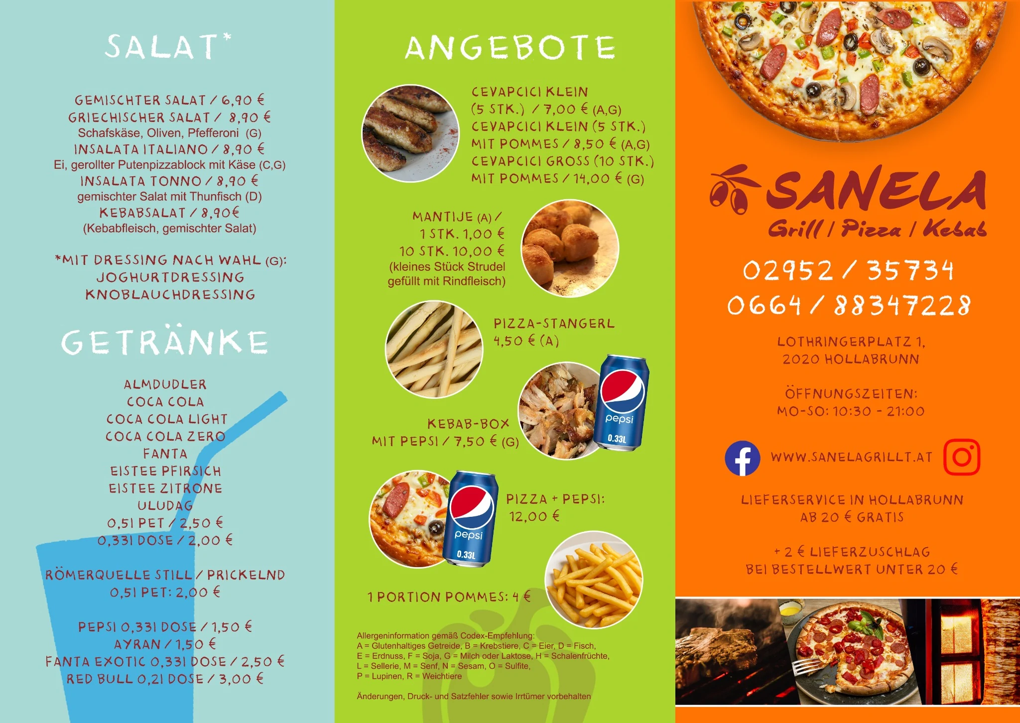 Speisekarte außen: Salate, Getränke, Angebote und Kontaktdaten