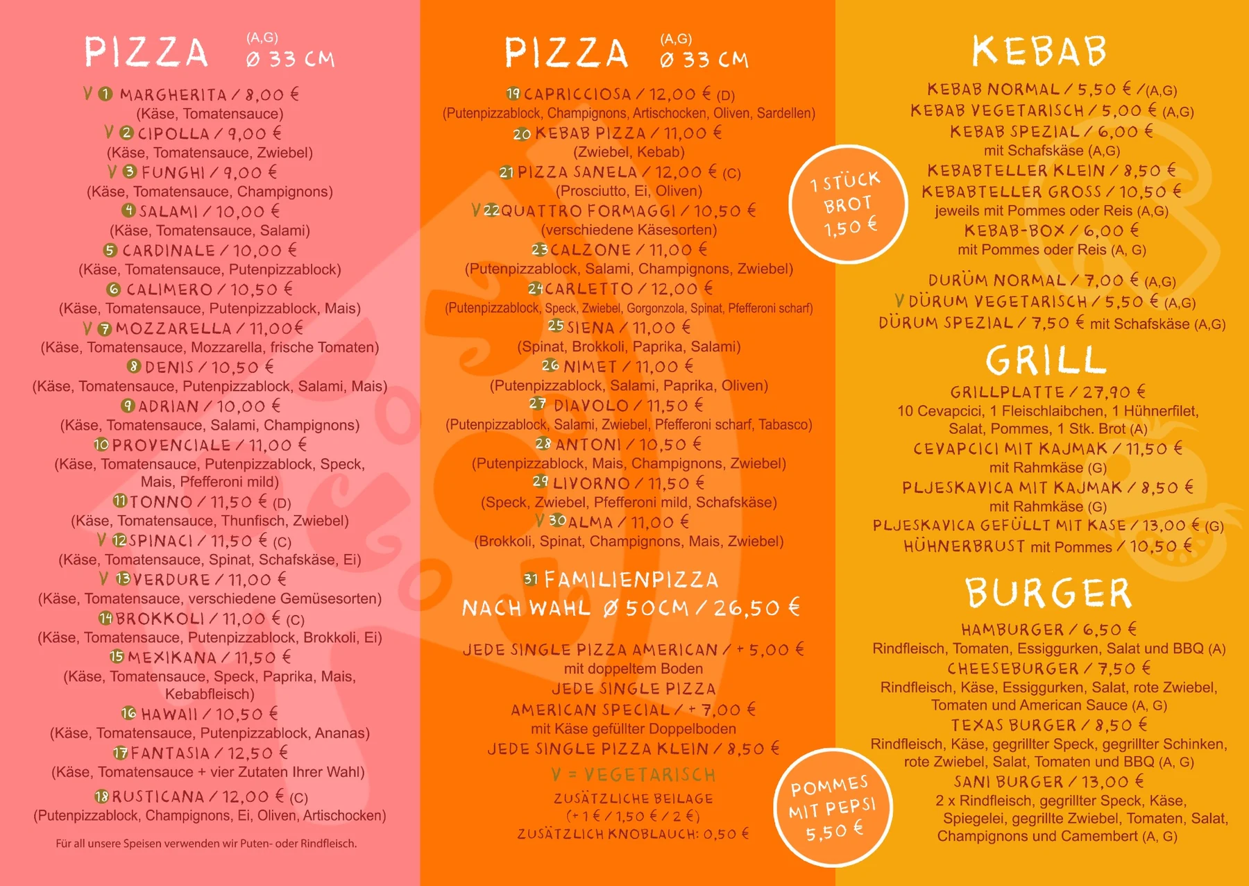 Speisekarte innen: Pizza, Kebab, Grill und Burger
